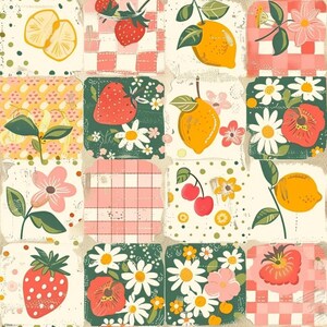 May include: A fabric pattern featuring a grid of squares with various illustrations including red strawberries, yellow lemons, red cherries, and white daisies. The background squares alternate between solid colors, pink and white gingham, and polka dots.