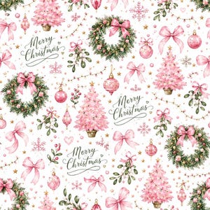 Puede incluir: Un patrón repetitivo sobre fondo blanco con árboles de Navidad rosas, coronas verdes con lazos rosas, adornos rosas, ramas de muérdago y el texto Merry Christmas en letra cursiva negra. El diseño incluye pequeñas estrellas doradas.