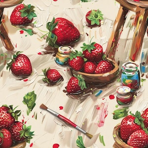 Könnte beinhalten: Ein sich wiederholendes Muster mit leuchtend roten Erdbeeren mit grünen Blättern, Holzschalen, kleinen Farbtöpfen und Pinseln. Der Hintergrund besteht aus strukturierten, cremefarbenen Pinselstrichen mit verstreuten roten Farbspritzern.
