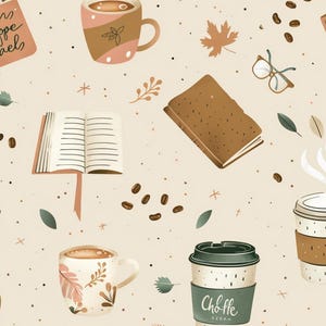 May include: A seamless pattern on a light beige background featuring illustrations of open books, closed brown books, coffee mugs, coffee cups with lids labeled Choffe, coffee beans, eyeglasses, and autumn leaves in shades of brown, green, and cream.