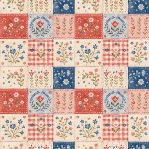 May include: A fabric pattern featuring a grid of alternating squares. The design includes red and white gingham, solid red, and solid blue squares, each decorated with various floral illustrations, including small sprigs, wreaths, and blossoms.