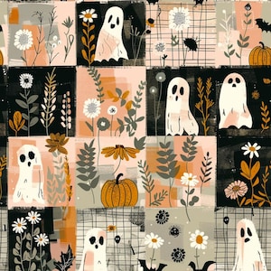 Pode incluir: Um tecido estampado com uma grade de quadrados com ilustrações de fantasmas brancos, abóboras laranja, morcegos pretos e várias flores silvestres em tons de branco, laranja e cinza escuro sobre fundos pretos, pêssego e creme quadriculados.
