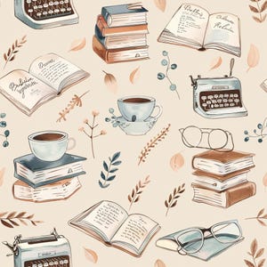 May include: A seamless pattern featuring watercolour illustrations of vintage typewriters, stacks of books, open books with handwritten text, teacups on saucers, spectacles, and small sprigs of leaves on a light beige background.