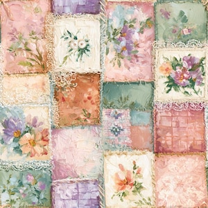 Peut inclure: Un motif de courtepointe en patchwork composé de panneaux carrés aux coups de pinceau épais et texturés. Le design présente des arrangements floraux dans des tons de rose, violet, vert et orange, avec des bordures en dentelle et des textures quadrillées.
