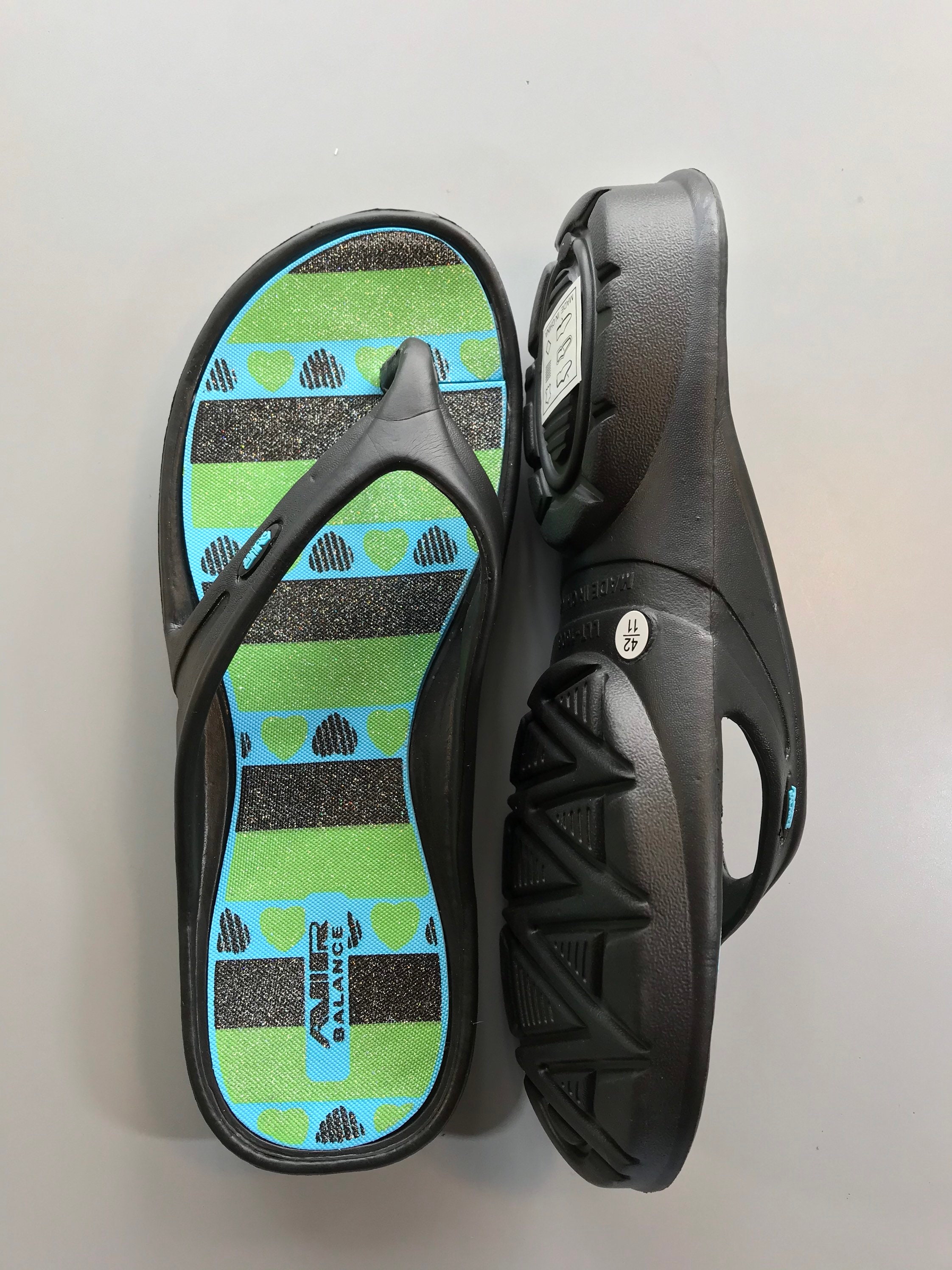 Gett Wett Flip Flops by Air Balance Women’s Black / Turquoise Heart Stripe