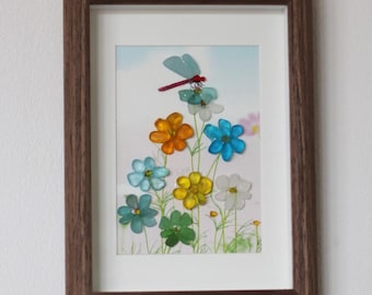 Sea Glass Art (Cosmos and Dragonfly)