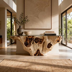 May include: A console table featuring a base made from a large, light-colored natural tree root with dark brown hollows, topped with a clear glass surface. On the table sits a striped vase with green branches, a bowl, and two stacked books.