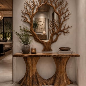 May include: A wooden console table with a live-edge top and two tree-stump bases, paired with a large oval wall mirror framed by intricate, branching tree limbs. The table holds a ceramic vase with greenery, a candle holder, and stacked books.