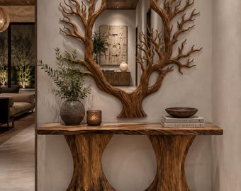 Console Table with Mirror, Solid Wood Entryway Table, Live Edge Console, Hallway Furniture, Handmade Wood Console
