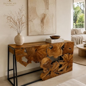 Solid Teak Console Table, Live Edge Entryway Table, Handmade Wood Console, Rustic Modern Hallway Table, Luxury Foyer Furniture
