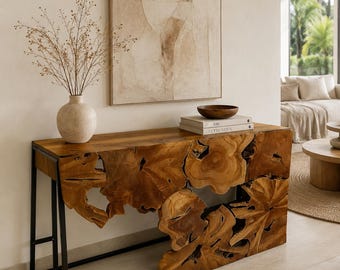 Solid Teak Console Table, Live Edge Entryway Table, Handmade Wood Console, Rustic Modern Hallway Table, Luxury Foyer Furniture