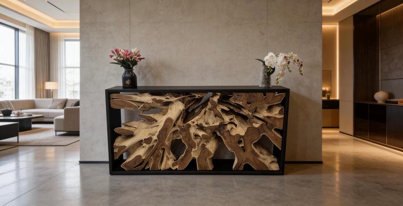May include: A console table featuring a natural, raw teak root base encased within a sleek, rectangular black metal frame. The top surface is flat and black, supporting a dark vase with pink flowers and a grey vase with white orchids.