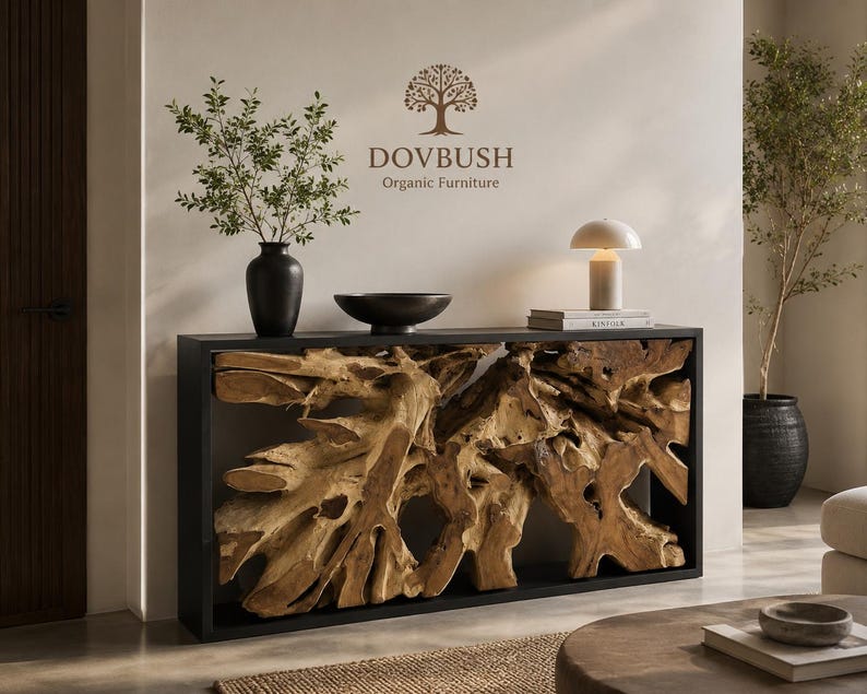 May include: A rectangular console table featuring a black frame and a natural, raw teak root wood centerpiece. The top surface holds a black vase with green branches, a black bowl, a white table lamp, and a book. The wall displays the DOVBUSH logo.