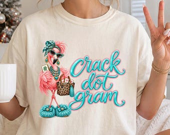 May include: An ivory t-shirt featuring a graphic of a pink flamingo wearing a teal headscarf, sunglasses, and a necklace. The flamingo holds a leopard print handbag and stands in teal slippers. The text reads crack dot gram in teal script.