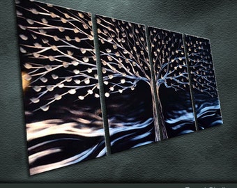 A24 Original Metal Wall Art Modern Abstract Painting Sculpture Indoor Outdoor Decor "Black Backgroung of Silver Trees" by Ning