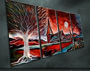 E02 Original Metal Wall Art Modern Painting Sculpture Indoor Outdoor Decor "Red Castle" By Ning