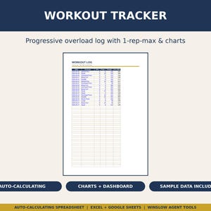 Op de afbeelding: Een digitaal workout-tracker spreadsheet-sjabloon met een witte achtergrond en donkerblauwe koppen. Het document bevat een workout-logtabel met kolommen voor datum, oefening, sets, herhalingen, gewicht en 1-rep-max. Tekst bevat WORKOUT TRACKER, Progressive overload log with 1-rep-max & charts, AUTO-CALCULATING, CHARTS + DASHBOARD, SAMPLE DATA INCLUDED en WINSLOW AGENT TOOLS.