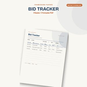 Peut inclure: Un document de suivi des offres intitulé Framework Papers Bid Tracker, présenté sous forme de PDF remplissable et imprimable. Le formulaire comprend des colonnes pour le nom du client, la description du projet, le montant et le statut.