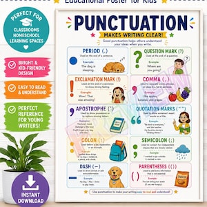 May include: An educational poster titled PUNCTUATION MAKES WRITING CLEAR! featuring colorful illustrations and definitions for punctuation marks including periods, question marks, exclamation marks, commas, apostrophes, quotation marks, colons, semicolons, dashes, and parentheses.