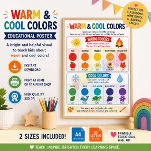 Póster imprimible de colores cálidos y fríos / Tabla de teoría del color para niños / Decoración para aulas preescolares / Arte mural educativo para la educación en casa