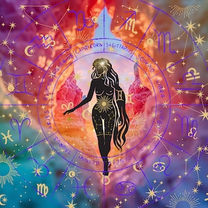 May include: A circular zodiac chart featuring twelve astrological signs in purple text and symbols, surrounding a central black silhouette of a figure with a sunburst design on the torso, set against a vibrant, multicolored nebula-like background.