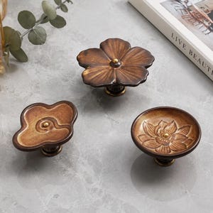 Vintage Ceramic Cabinet Knob, Retro Flower & Cloud Dresser Pull, Unique Wardrobe Handle, Brown Porcelain Furniture Hardware