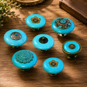 Boho Turquoise Cabinet Knob, Decorative Drawer Pull, Unique Vintage Dresser Handle, Handcrafted Furniture Hardware, Rustic Cabinet Accessory