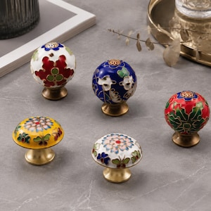 Enamel Cabinet Knob, Vintage Drawer Knobs, Floral Dresser Pull, Wardrobe Handle, Retro Furniture Hardware, Unique Home Decor