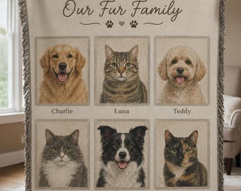 May include: A beige woven throw blanket featuring the text "THE WILSONS Our Fur Family" and "EST. 2024". The blanket displays six individual portraits of dogs and cats, each labeled with the names Charlie, Luna, Teddy, Oliver, Milo, and Willow.