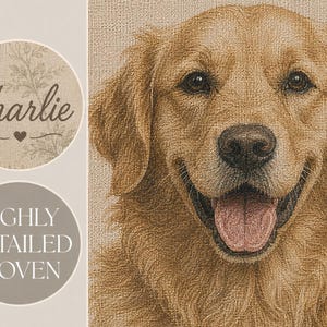 Close up of highly detailed woven pet portrait blanket showing cotton yarn texture and personalized pet name.