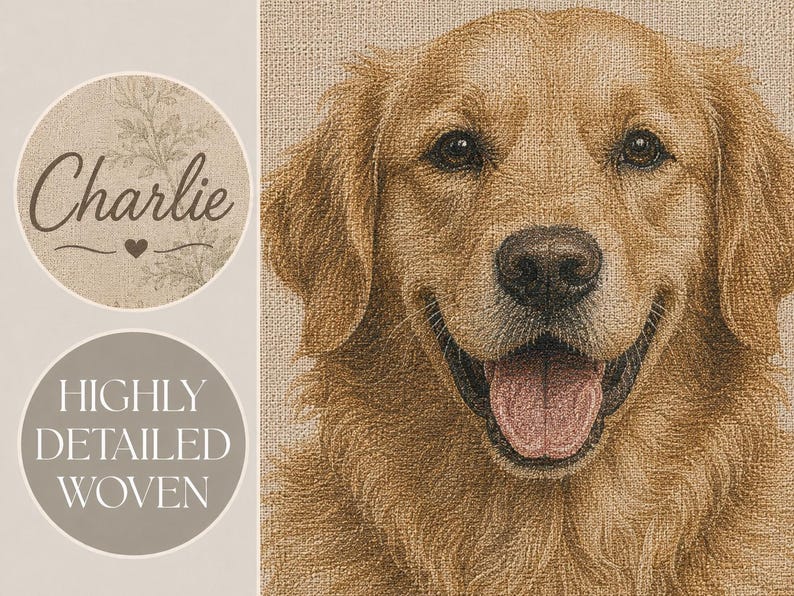 Close up of highly detailed woven pet portrait blanket showing cotton yarn texture and personalized pet name.