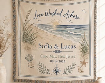 Personalized Beach Woven Blanket, Custom Couple Names Coastal Throw, Beach House Blanket, Wedding Anniversary Gift