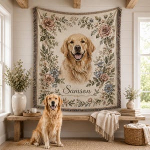 Custom dog woven blanket with golden retriever portrait and pet name Samson displayed in cozy farmhouse room with matching dog.