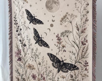 Moth Moon Jacquard Woven Blanket, Witchy Botanical Throw, Cottagecore Floral Tapestry, Gothic Celestial Wall Decor
