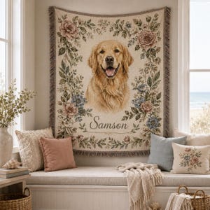 Floral custom pet portrait woven blanket hanging on wall with golden retriever photo, botanical border, and vintage cottagecore decor.