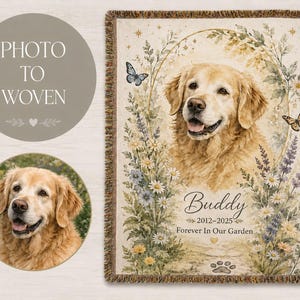 Photo to woven custom pet blanket example showing original dog photo transformed into floral woven memorial blanket.