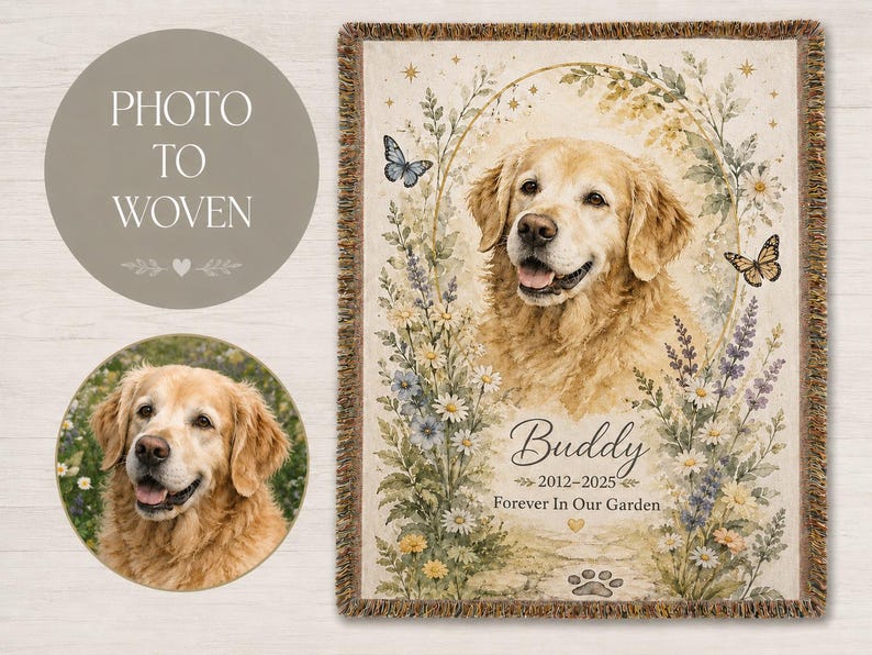 Photo to woven custom pet blanket example showing original dog photo transformed into floral woven memorial blanket.