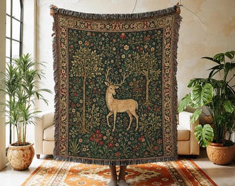 Woodland Deer Fox Jacquard Woven Blanket, Cottagecore Tapestry Throw, Forest Animal Wall Hanging, Rustic Nature Lover Gift