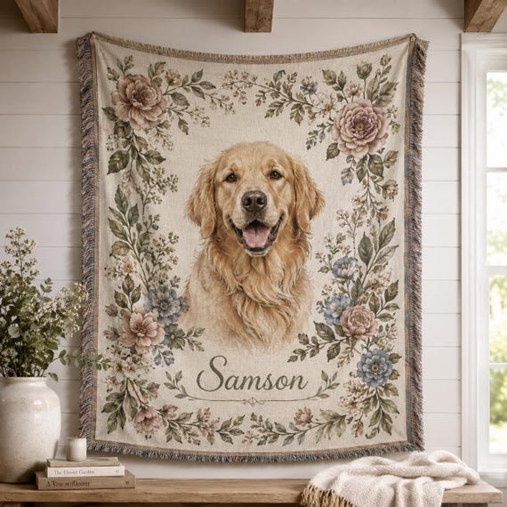 Custom Woven Pet Portrait Blanket, Personalized Dog Photo Throw, Floral Botanical Memorial Gift