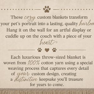 Informational image explaining custom woven cotton pet blanket as a cozy heirloom keepsake for couch, bed, or wall display.