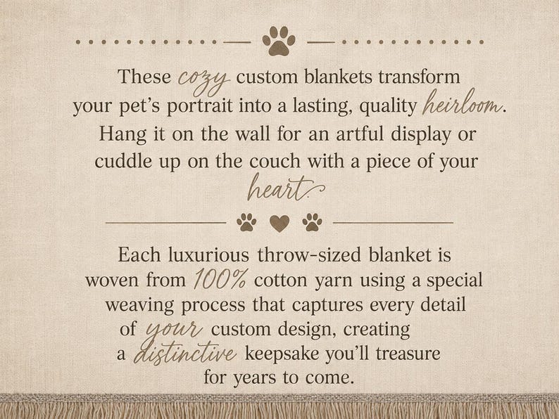 Informational image explaining custom woven cotton pet blanket as a cozy heirloom keepsake for couch, bed, or wall display.