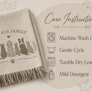 Care instructions for custom woven blanket with machine wash cold, gentle cycle, tumble dry low, and mild detergent.