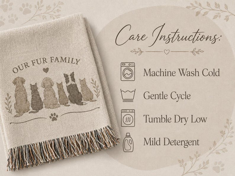 Care instructions for custom woven blanket with machine wash cold, gentle cycle, tumble dry low, and mild detergent.