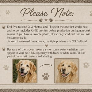 Please note information for personalized woven pet blanket explaining photo selection, one preview, and woven color variation.