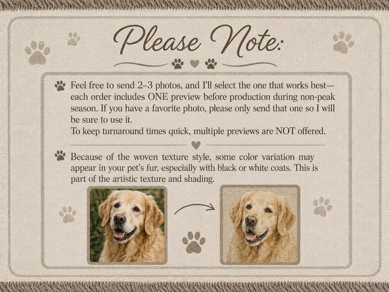 Please note information for personalized woven pet blanket explaining photo selection, one preview, and woven color variation.