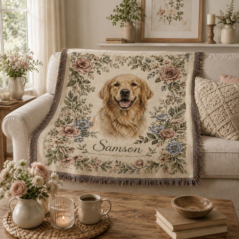 Custom woven dog photo blanket styled on cream couch with vintage botanical flowers and personalized pet name.