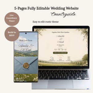 May include: A 5-page editable wedding website template displayed on a laptop and a smartphone. The screen shows the names Amelia & Noah, a date of 30-DEC-2026, a countdown timer, and an RSVP button. The design features a countryside landscape.
