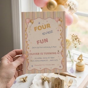 Pode incluir: Um cartão de convite de aniversário retangular com listras verticais em cores pastel. O texto diz: FOUR EVER FUN, Join Us For Whimsy & Fun, OLIVER IS TURNING 4!, 22 APRIL 2030 AT 9AM, 123 ANYWHERE ST., ANY CITY, Please RSVP to +123-456-7890.