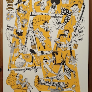 May include: A black and white illustration of a group of people relaxing and interacting in a yellow space. The illustration is in a cartoon style and features a variety of characters, including a person reading a book, a person with a cat, and a person with a dog. The illustration is signed "S.V.R." and numbered "10/60".