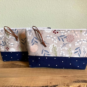 Medium Grey Navy Floral Zipper Pouch, Navy Polka Dot Makeup Bag